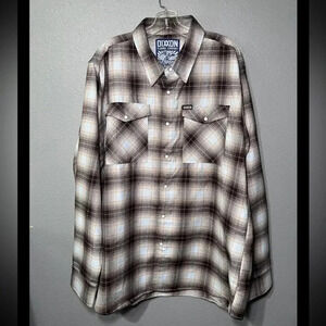 NWOT Never Worn DIXXON “The Pismo” Flannel Men's 2XL Tan/Brown/Blue Snaps Rugged